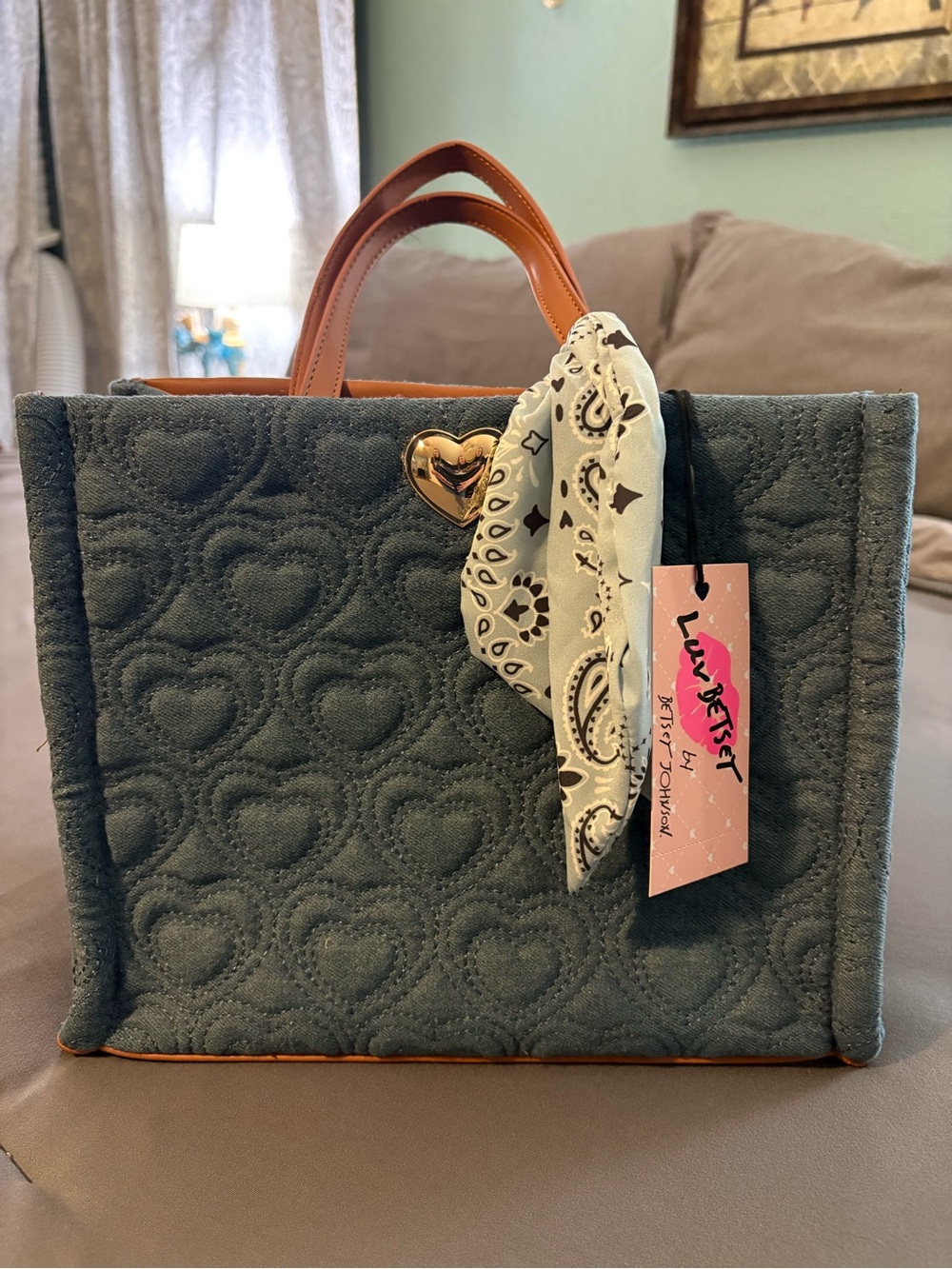 Betsey Johnson Quilted Gray Heart Tote with Tan Handles